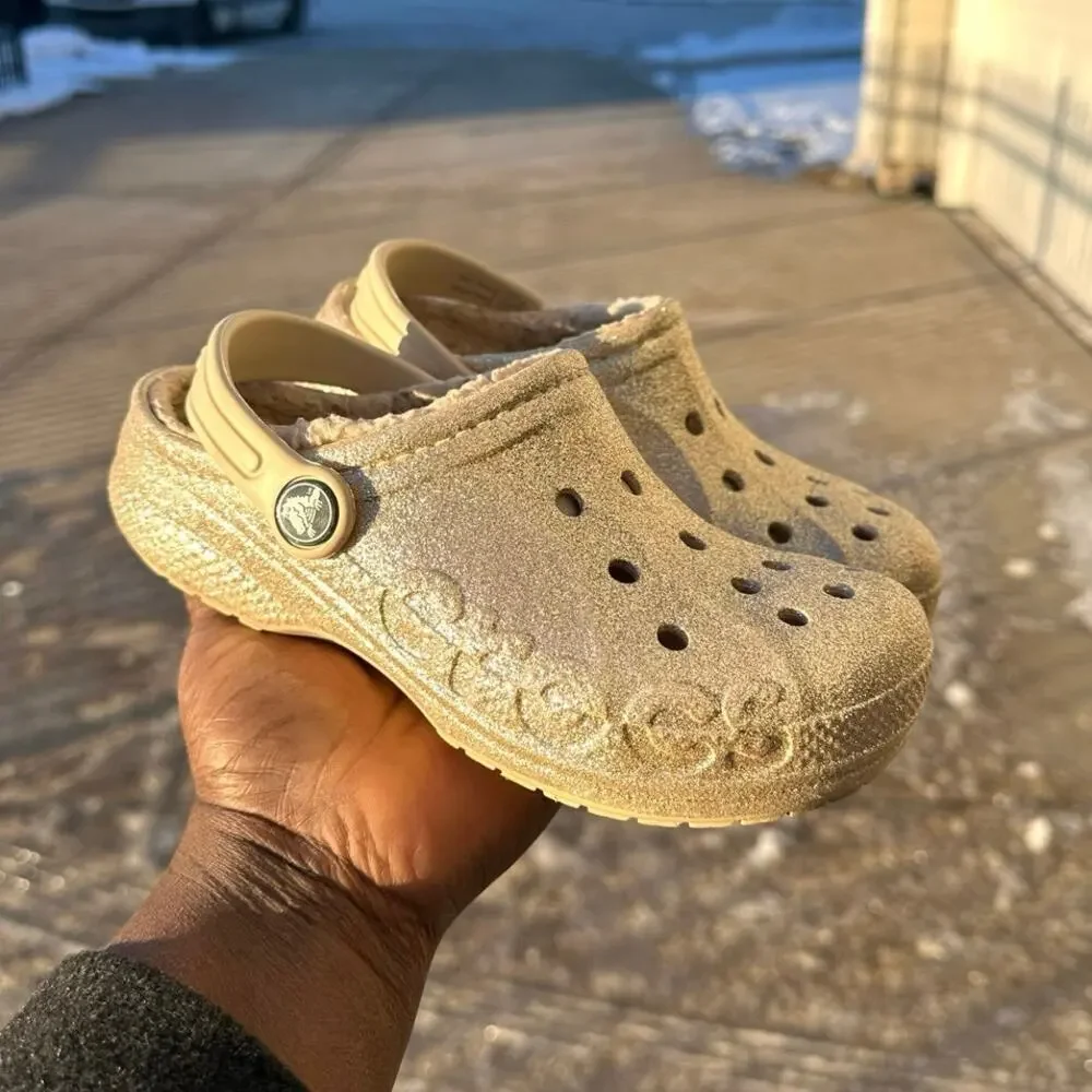 Crocs Little Kids Baya Lined Fuzzy Glitter Clogs Girls Size J 1 Gold‎